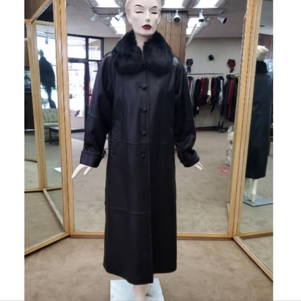 Black Full Length Lamb Leather Coat with Fox Fur